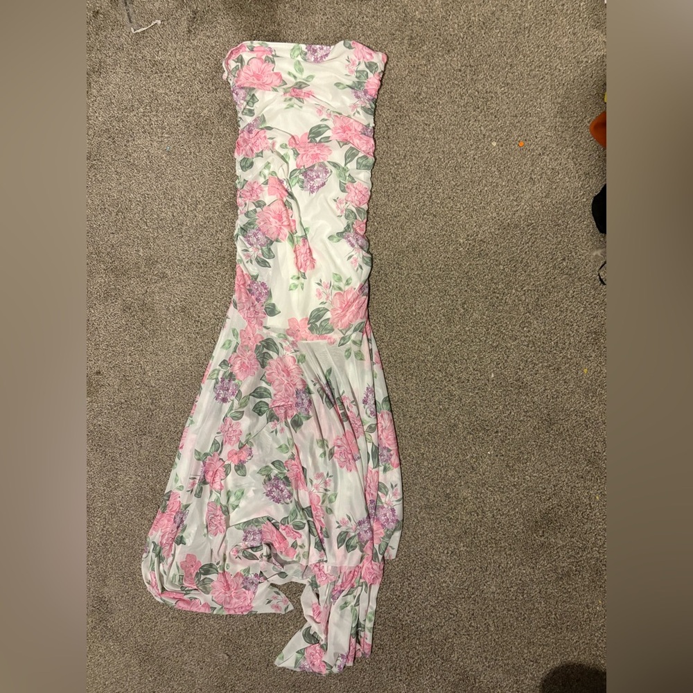 Aloruh strapless floral mesh asymmetrical hemline bodycon,spring,summer dress